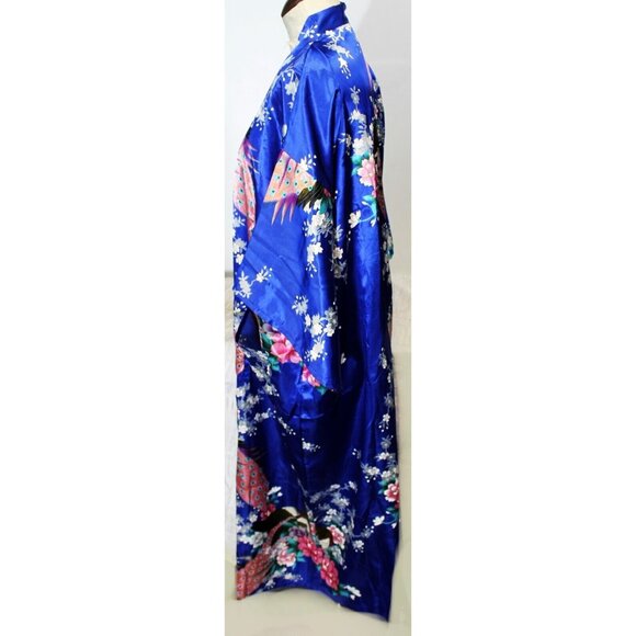 Blue Satin Japanese Kimono Style Floral Peacock Womens M Short Tie Robe - Picture 5 of 12